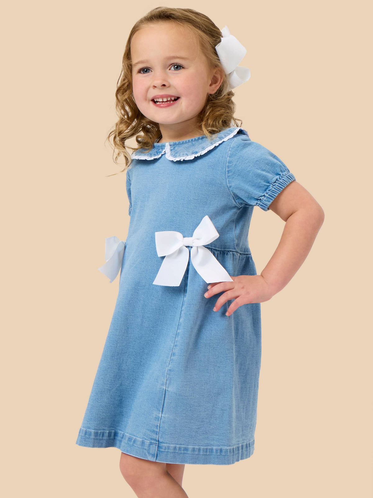 Girls Light Wash Stretch Denim Peter Pan Ruffle Bow Short Sleeve Dress