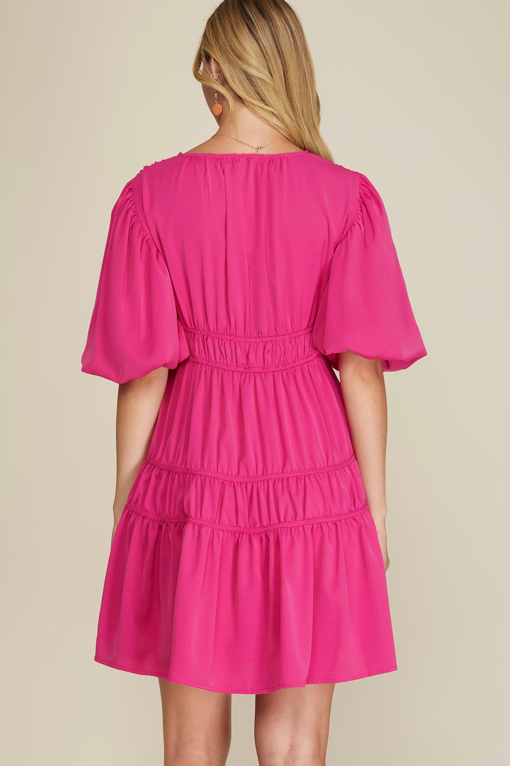 HOT PINK BALLOON SLEEVE V NECK