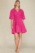 HOT PINK BALLOON SLEEVE V NECK