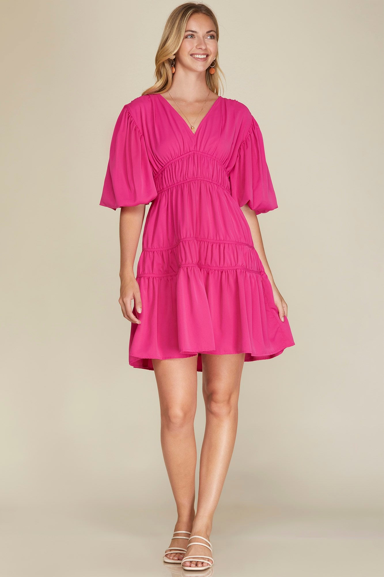 HOT PINK BALLOON SLEEVE V NECK