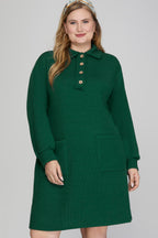GREEN LONG SLEEVE KNIT COLLARED DRESS