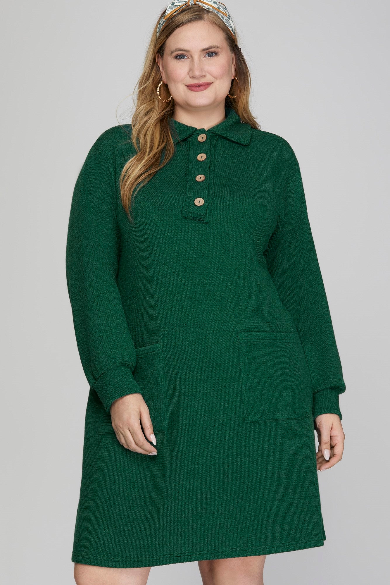 GREEN LONG SLEEVE KNIT COLLARED DRESS
