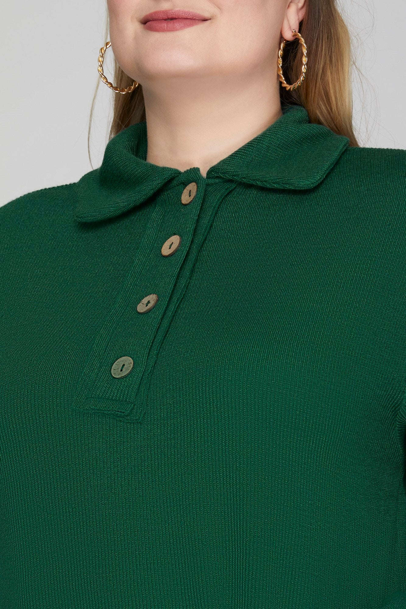 GREEN LONG SLEEVE KNIT COLLARED DRESS
