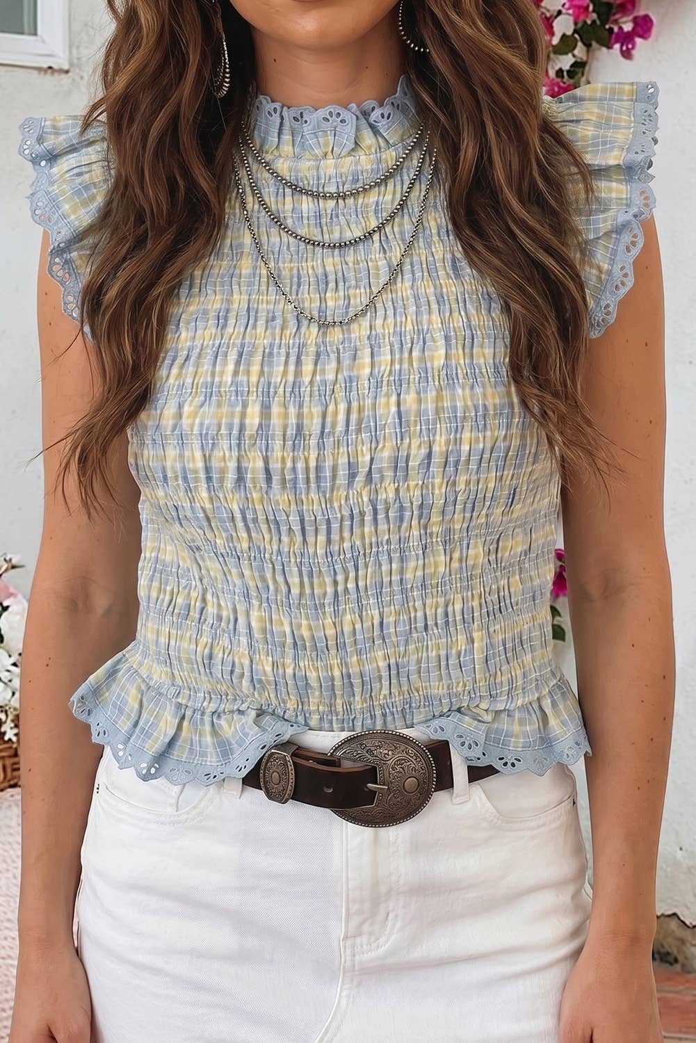 Gingham Smocked Lace Trim Tank Top