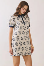 Geometric Print Floral Puff Sleeve Mini Dress