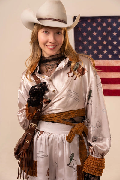 Western Print Satin Wrap Top