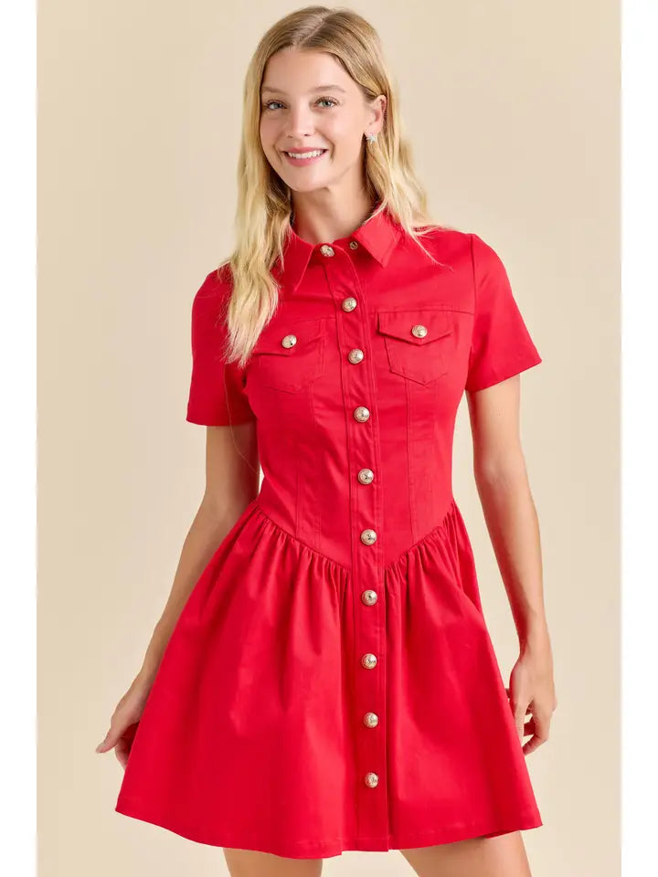 Red Button-Up Mini Denim Dress - Little Jill & Co.