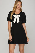 BLACK SHORT SLEEVE HEAVY KNIT V NECK MINI