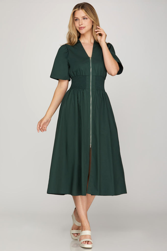 SEA GREEN SHORT SLEEVE SMOCKED WAIST MIDI