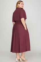 PLUM SHORT SLEEVE SMOCKED WAIST MIDI