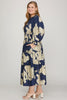 NAVY 3/4 SLEEVE PINTUCK TIERED FLORAL PRINT