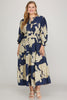 NAVY 3/4 SLEEVE PINTUCK TIERED FLORAL PRINT