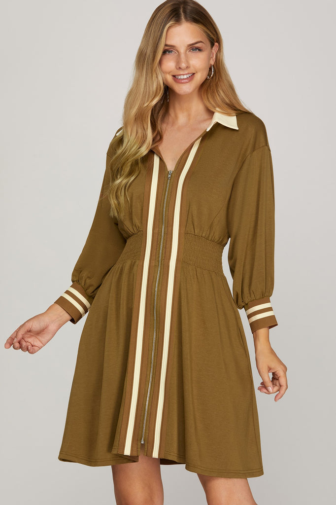 MOCHA 3/4 SLEEVE FRONT ZIPPER KNIT DRESS