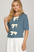 SHORT SLEEVE CONTRAST BOW KNIT CARDIGAN - Little Jill & Co.