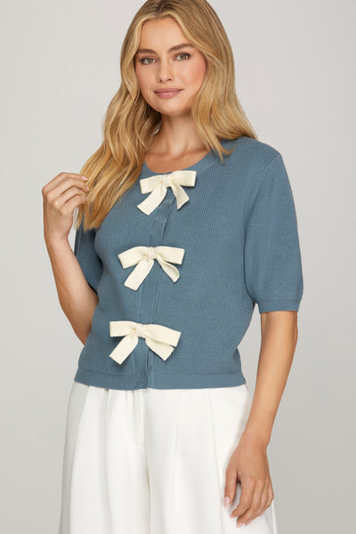 SHORT SLEEVE CONTRAST BOW KNIT CARDIGAN - Little Jill & Co.