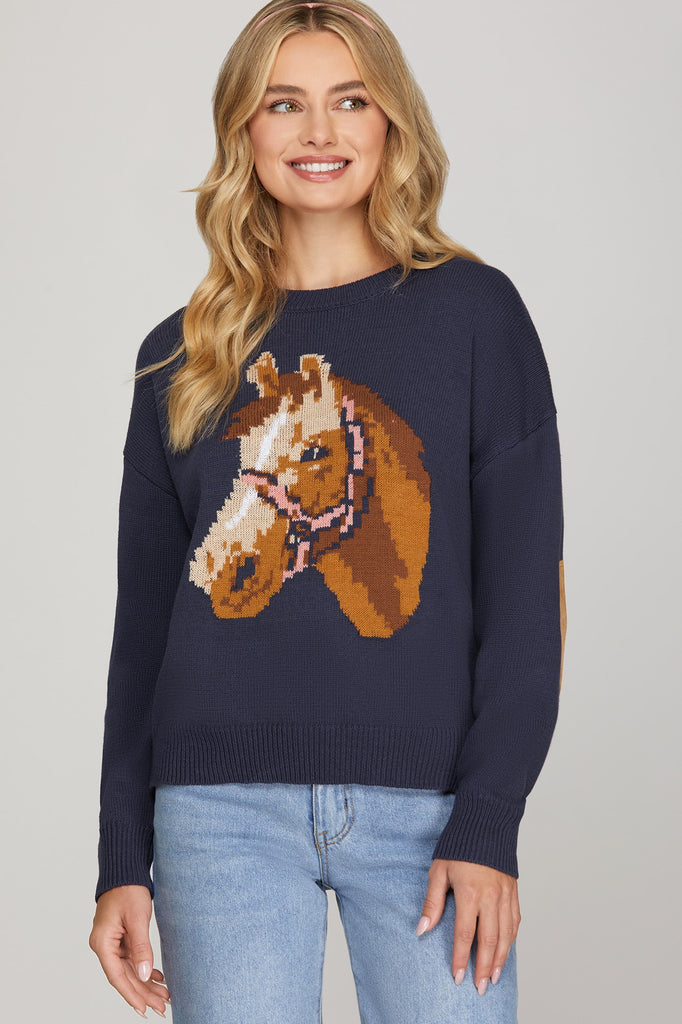 LONG SLEEVE HORSE PATTERN SWEATER - Little Jill & Co.