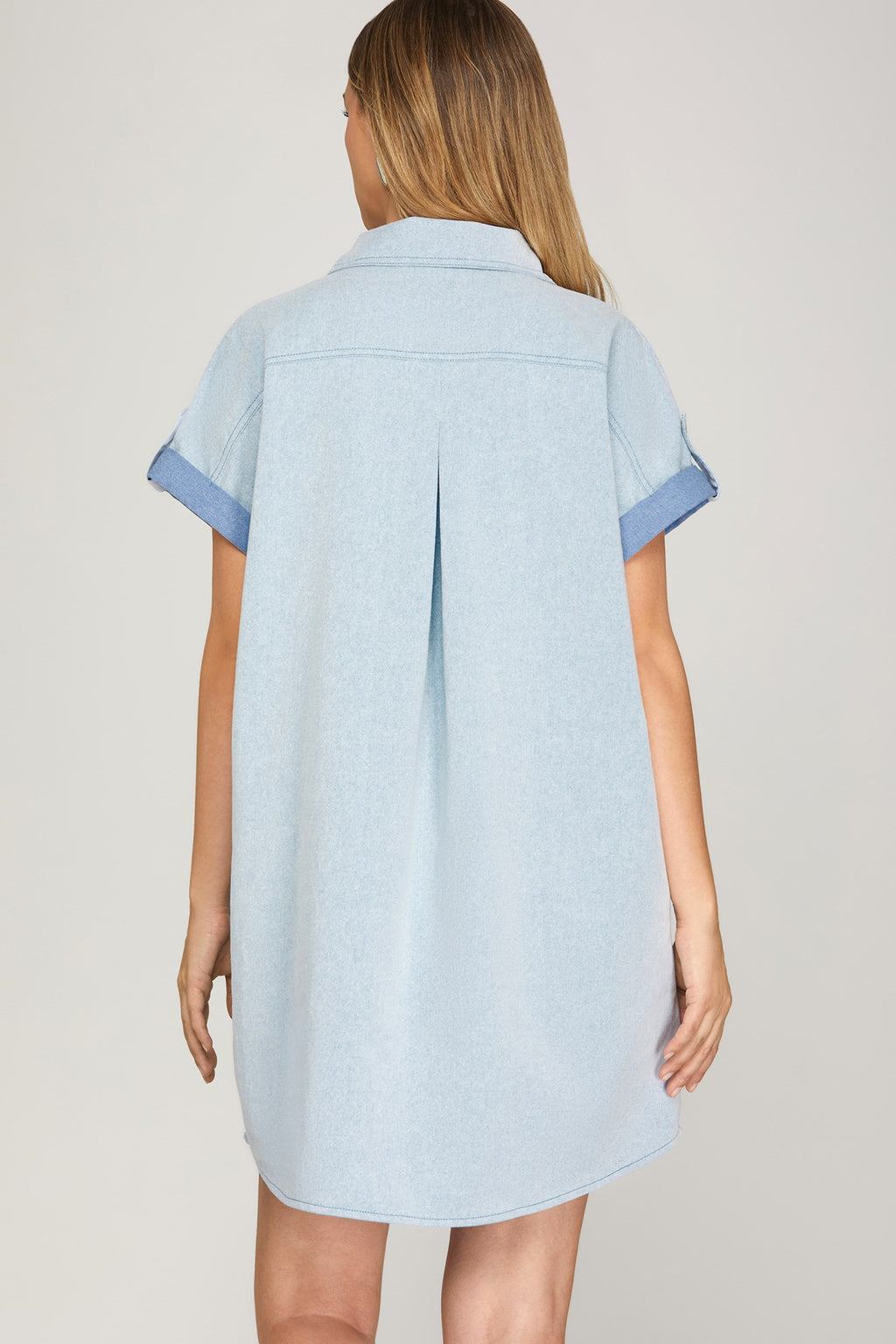 Light Blue Drop Shoulder Woven Button Up Mini - Little Jill & Co.