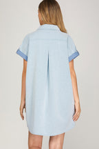 Light Blue Drop Shoulder Woven Button Up Mini - Little Jill & Co.