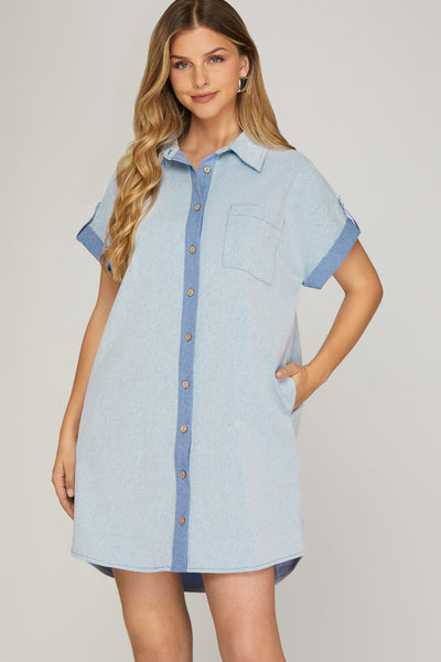 Light Blue Drop Shoulder Woven Button Up Mini - Little Jill & Co.