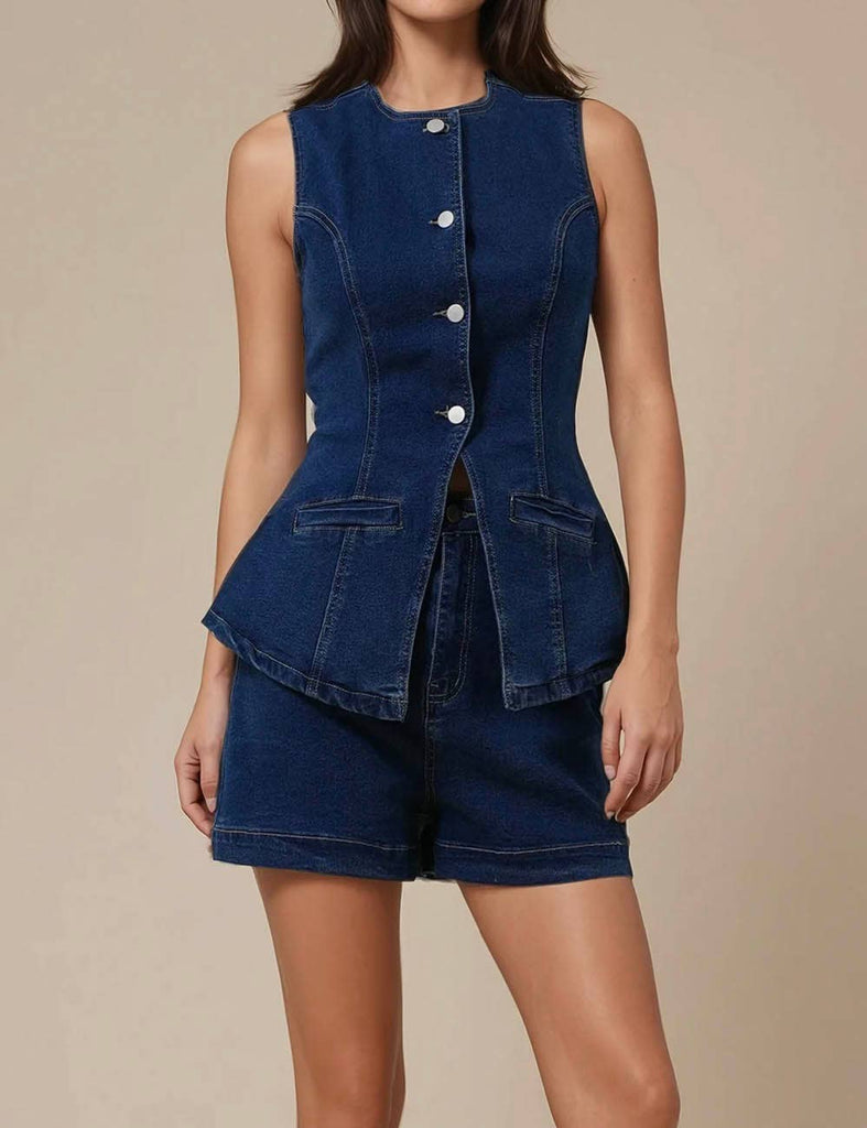 Ladies Denim Sleeveless Tank Top and Shorts Sets 16881