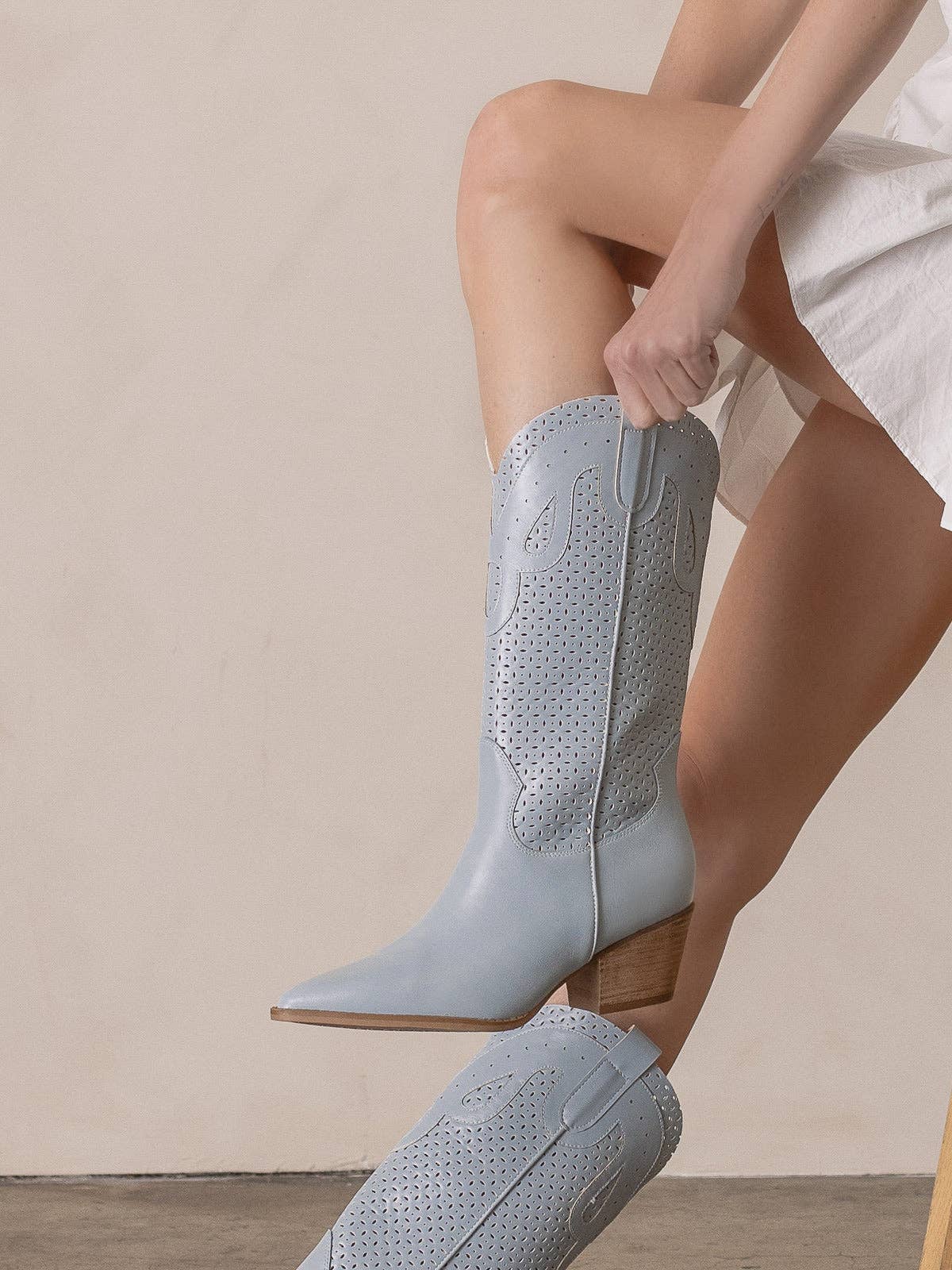The Gabby | Blue Perforated Western Boot - Little Jill & Co.