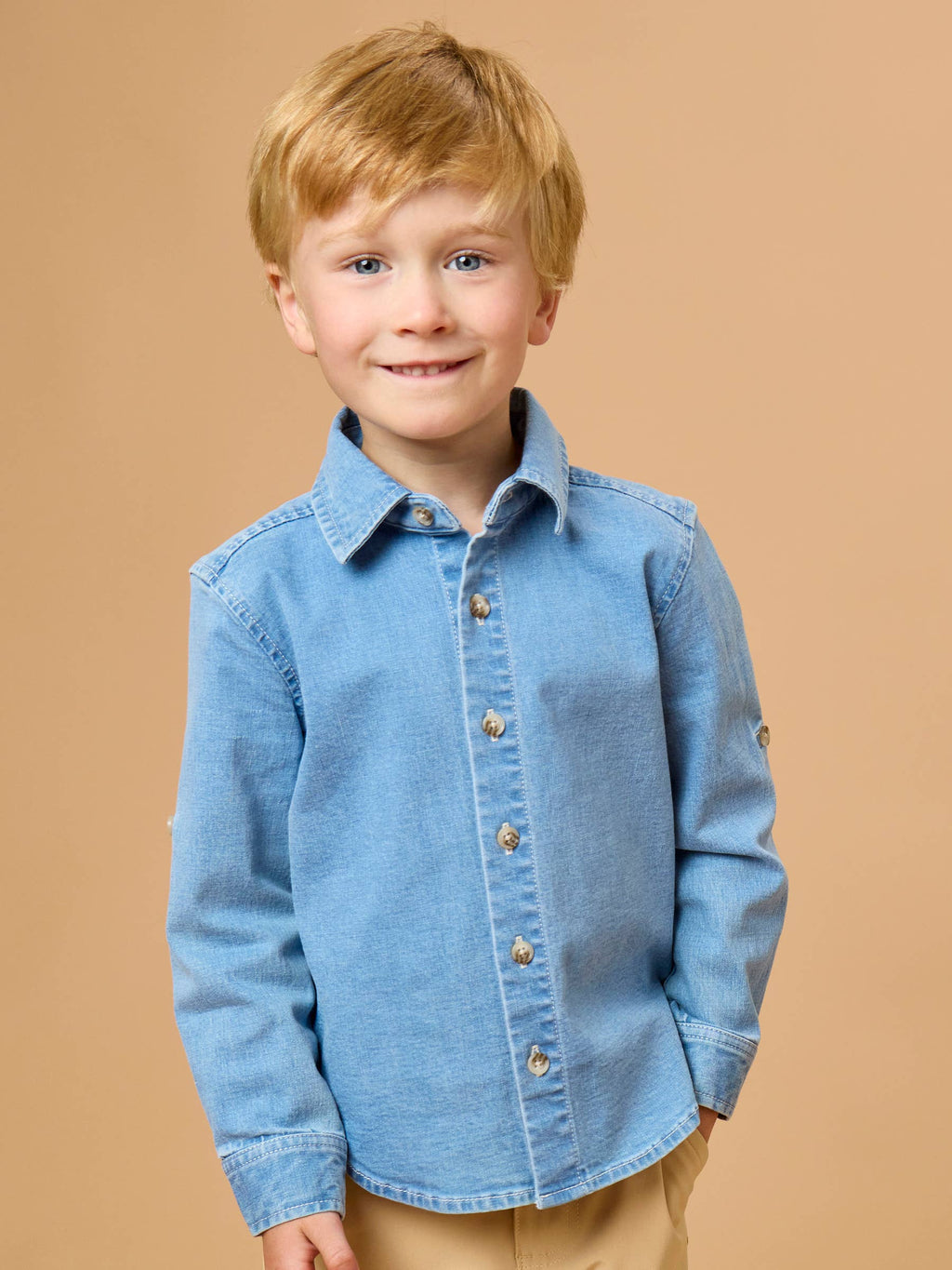 Boys Light Wash Stretch Denim Long Sleeve Button Down Shirt