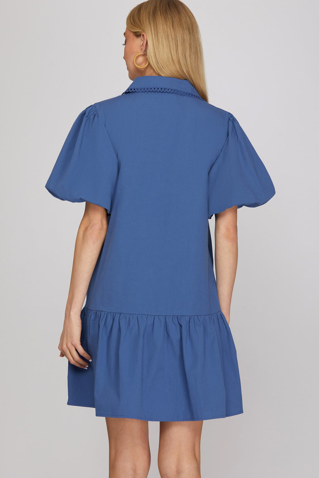 BLUE HALF SLEEVE V NECK COLLAR EMBROIDERED