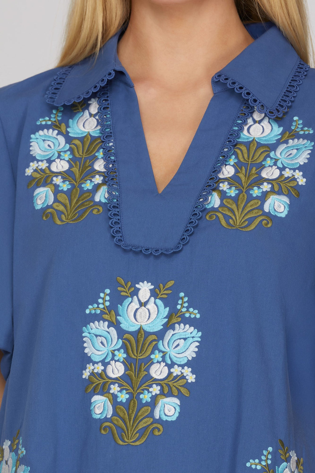 BLUE HALF SLEEVE V NECK COLLAR EMBROIDERED