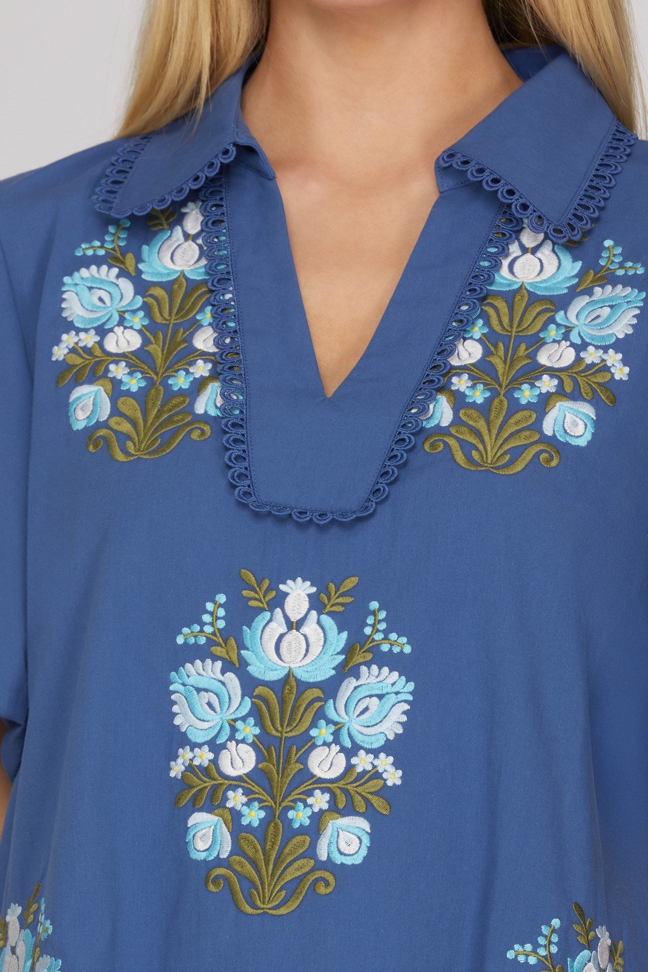 BLUE HALF SLEEVE V NECK COLLAR EMBROIDERED