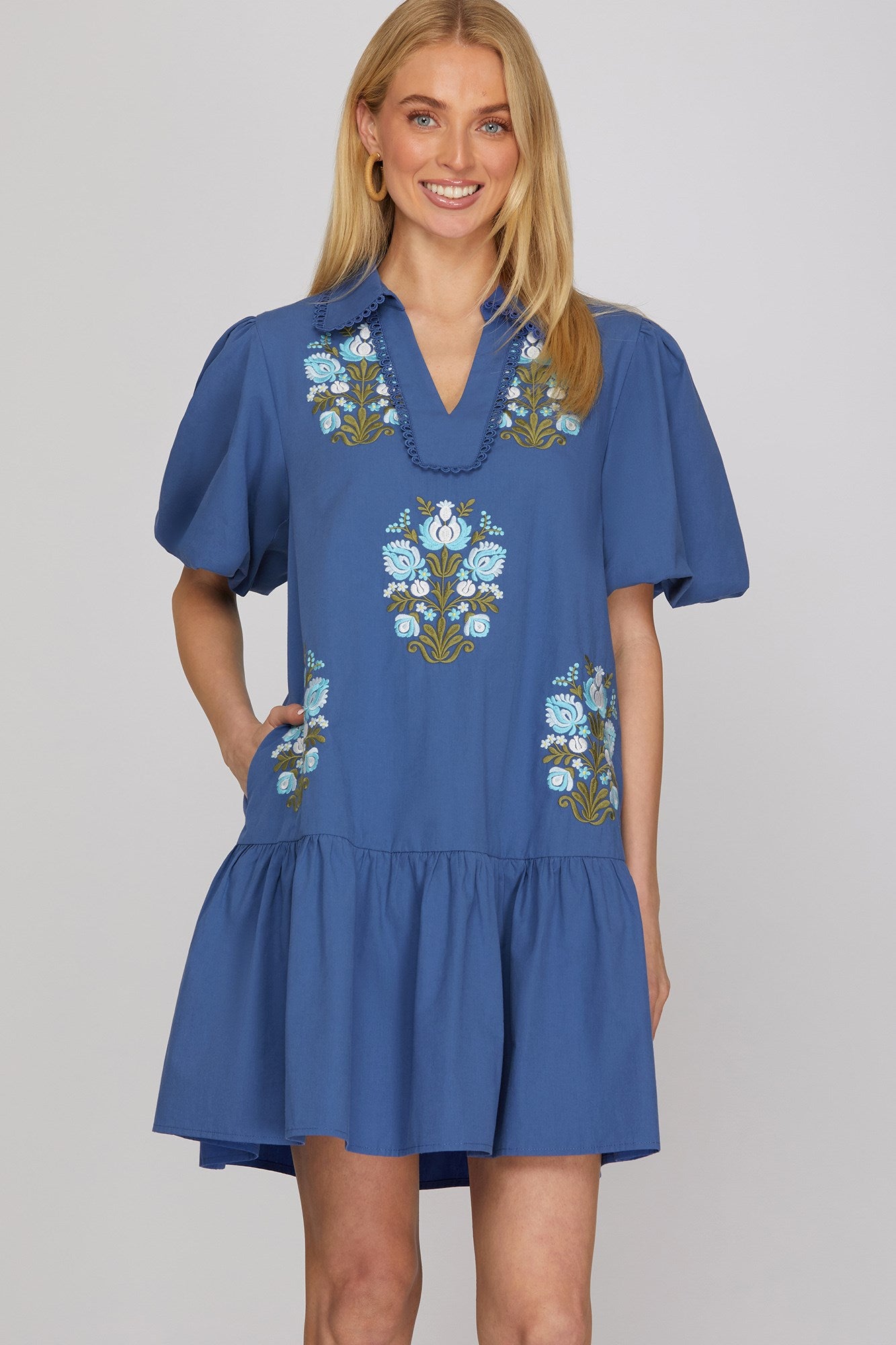 BLUE HALF SLEEVE V NECK COLLAR EMBROIDERED