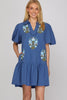 BLUE HALF SLEEVE V NECK COLLAR EMBROIDERED