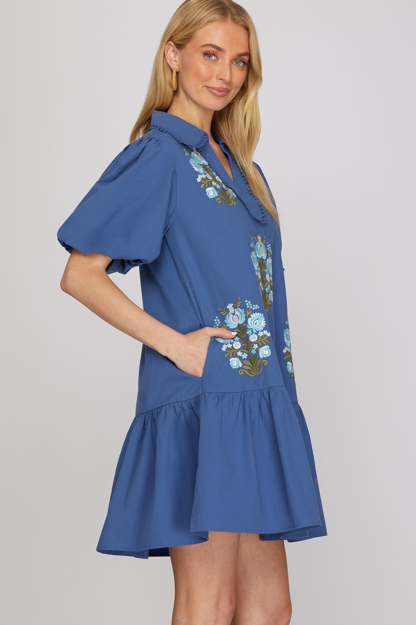 BLUE HALF SLEEVE V NECK COLLAR EMBROIDERED