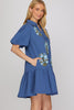 BLUE HALF SLEEVE V NECK COLLAR EMBROIDERED