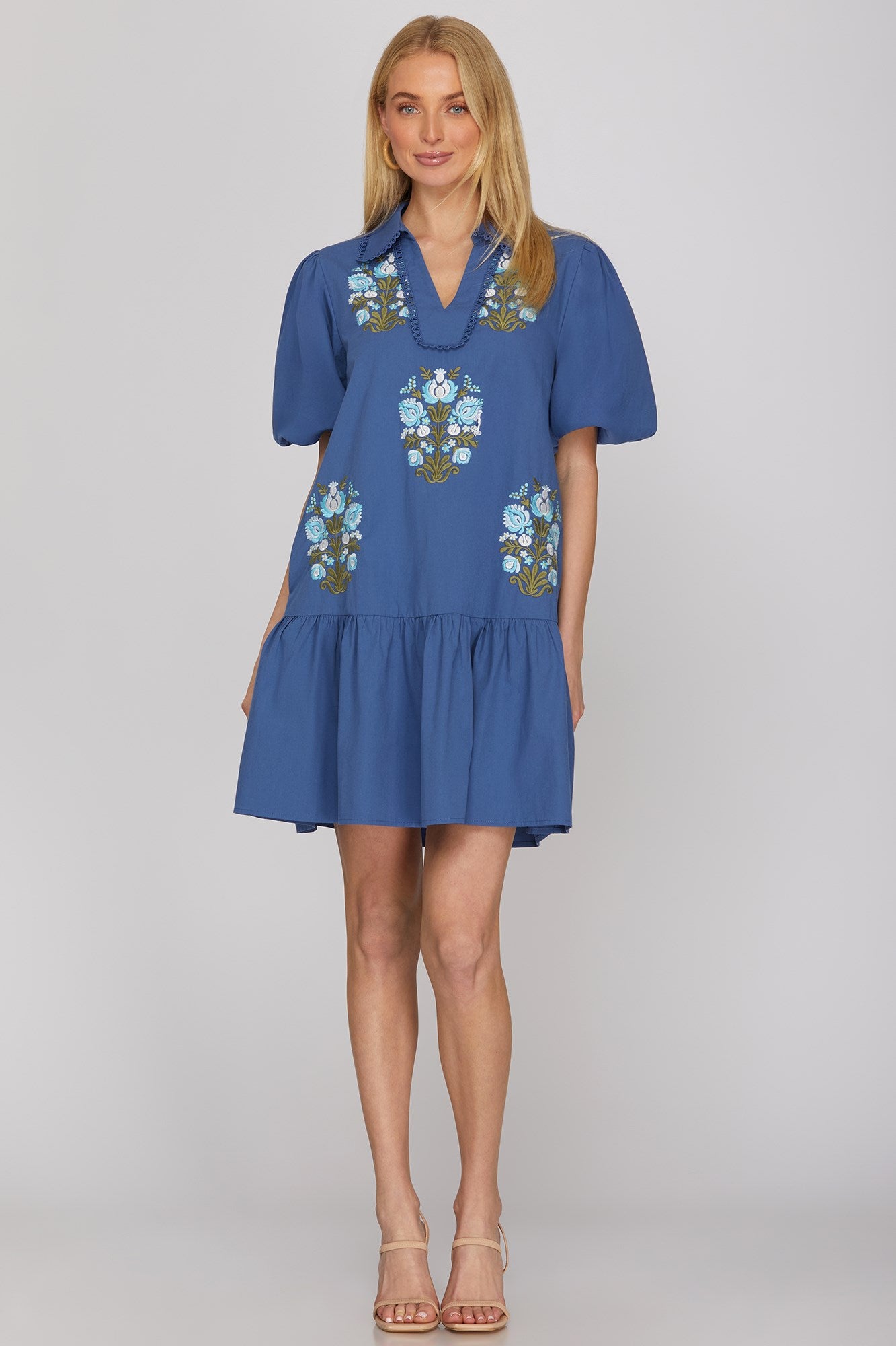 BLUE HALF SLEEVE V NECK COLLAR EMBROIDERED