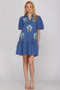 BLUE HALF SLEEVE V NECK COLLAR EMBROIDERED
