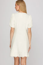 WHITE SHORT SLEEVE HEAVY KNIT V NECK MINI DRESS