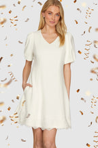 WHITE SHORT SLEEVE HEAVY KNIT V NECK MINI DRESS