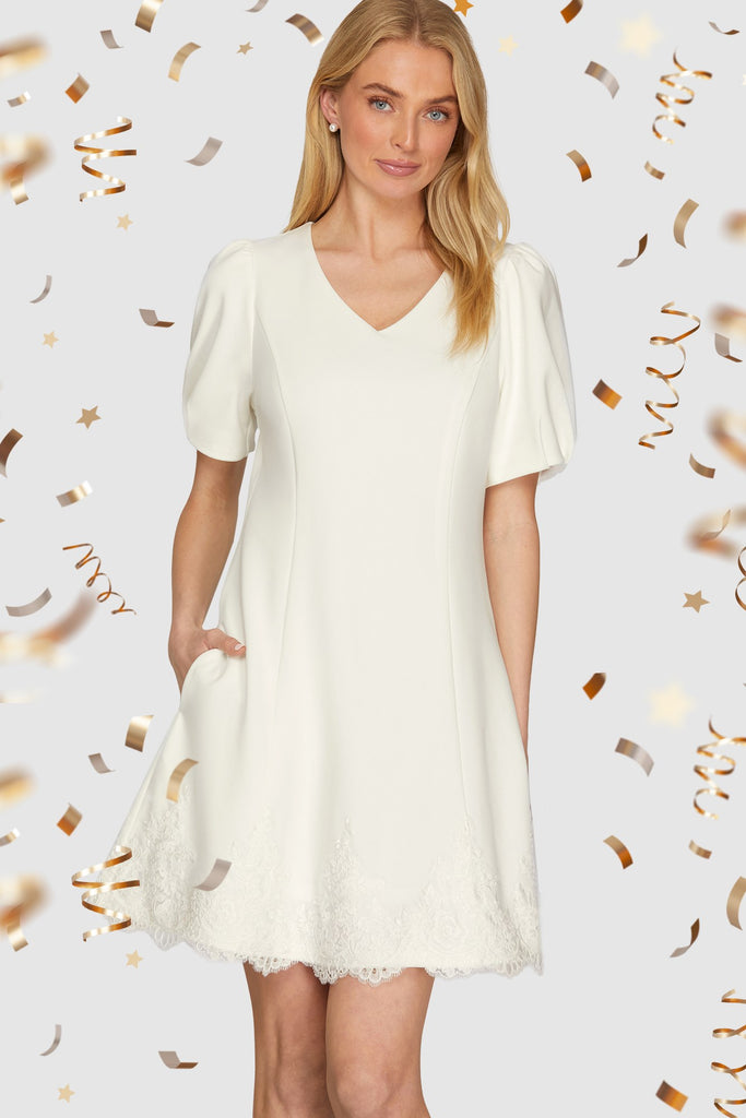 WHITE SHORT SLEEVE HEAVY KNIT V NECK MINI DRESS