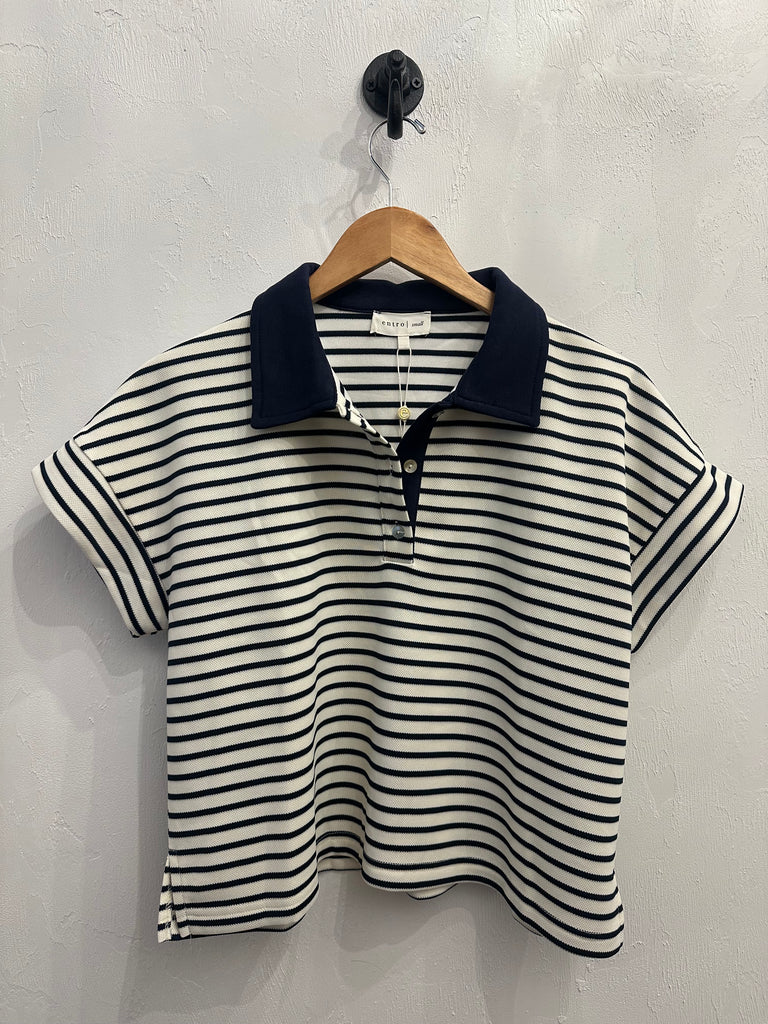 Navy Striped Short Sleeve Knit Top
