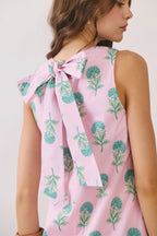 Pink Floral Round Neck Back Tie Mini Dress