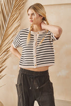 STRIPE BUTTON FRONT KNIT TOP
