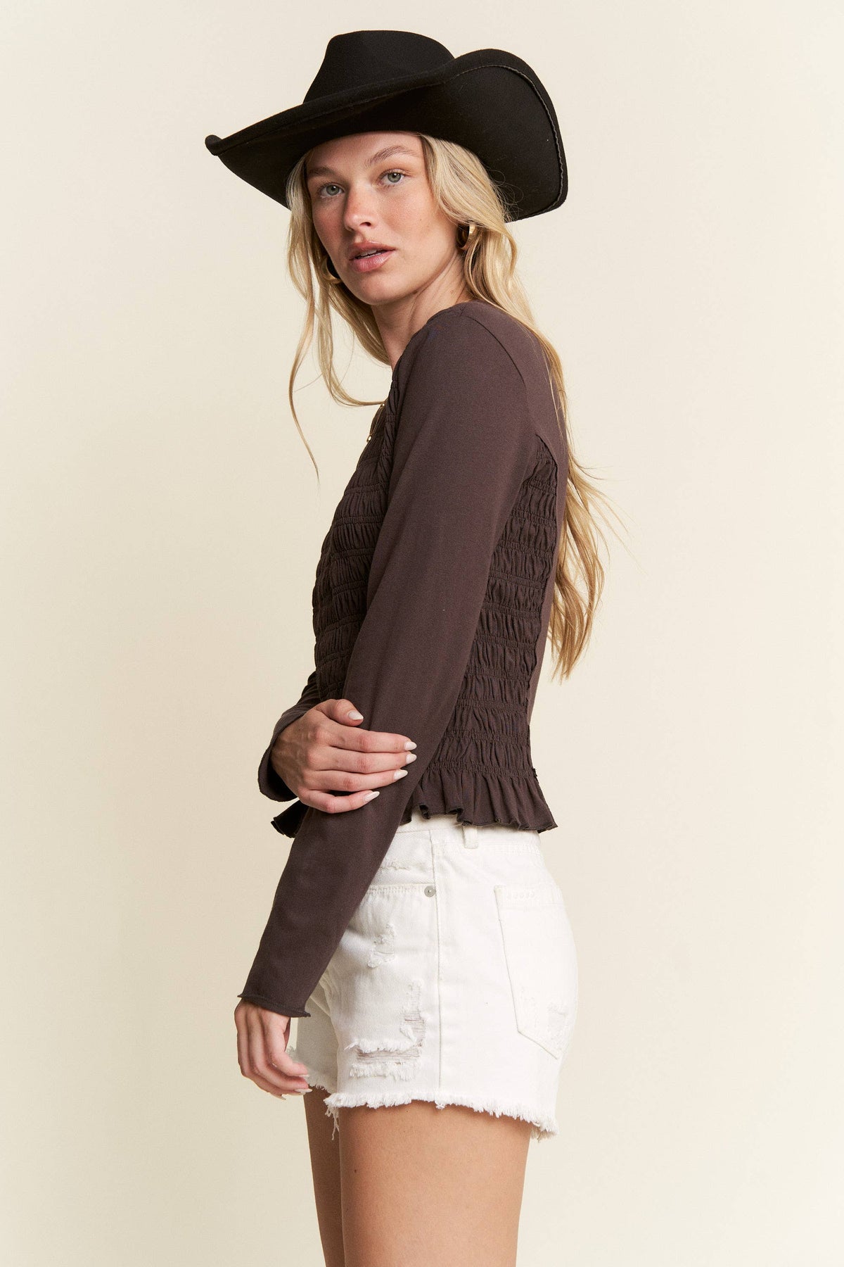 Front Smocked Long Sleeve Blouse