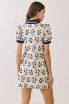 Geometric Print Floral Puff Sleeve Mini Dress