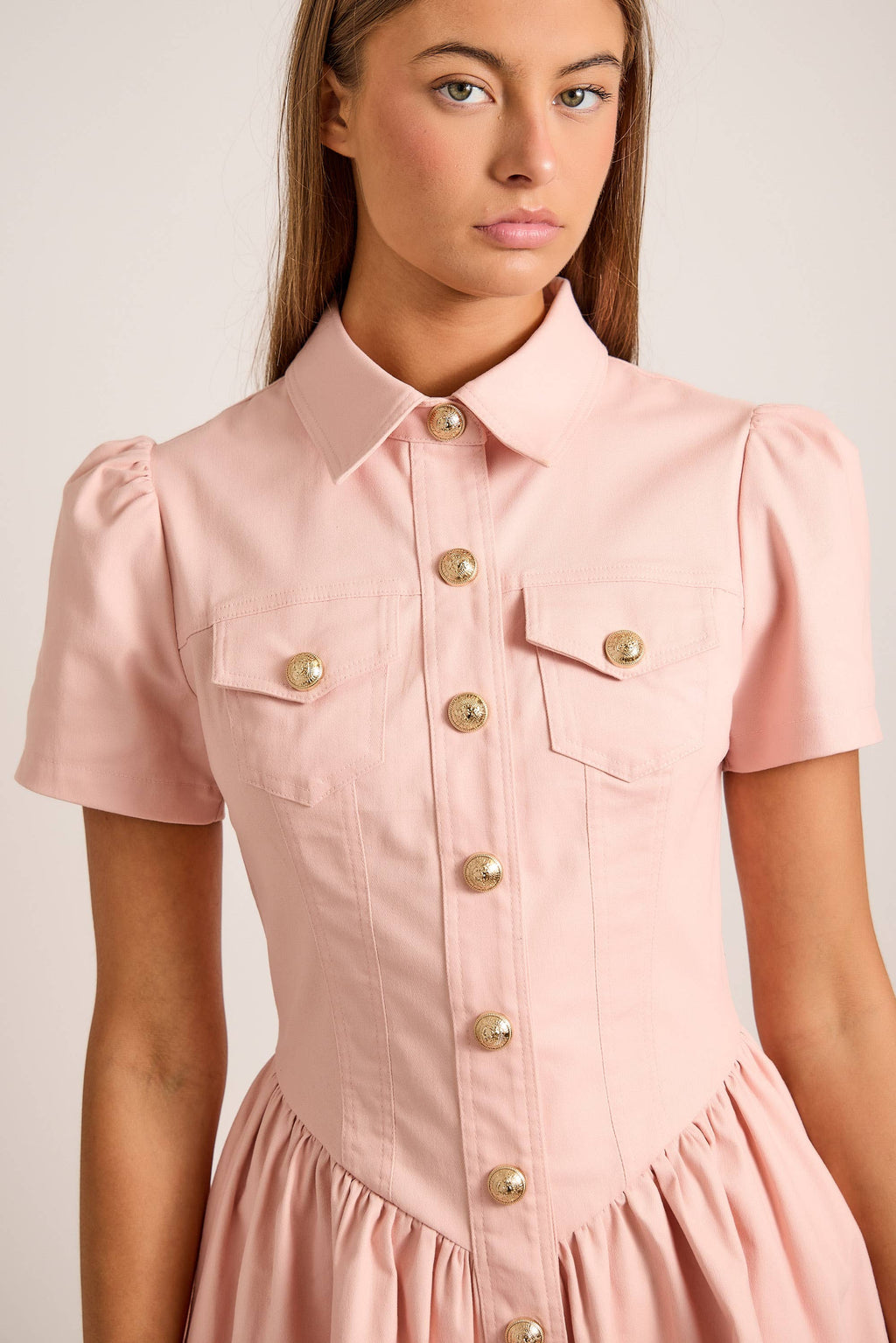 Button-Up Mini Denim Dress Featuring Gold Accent Buttons - Little Jill & Co.