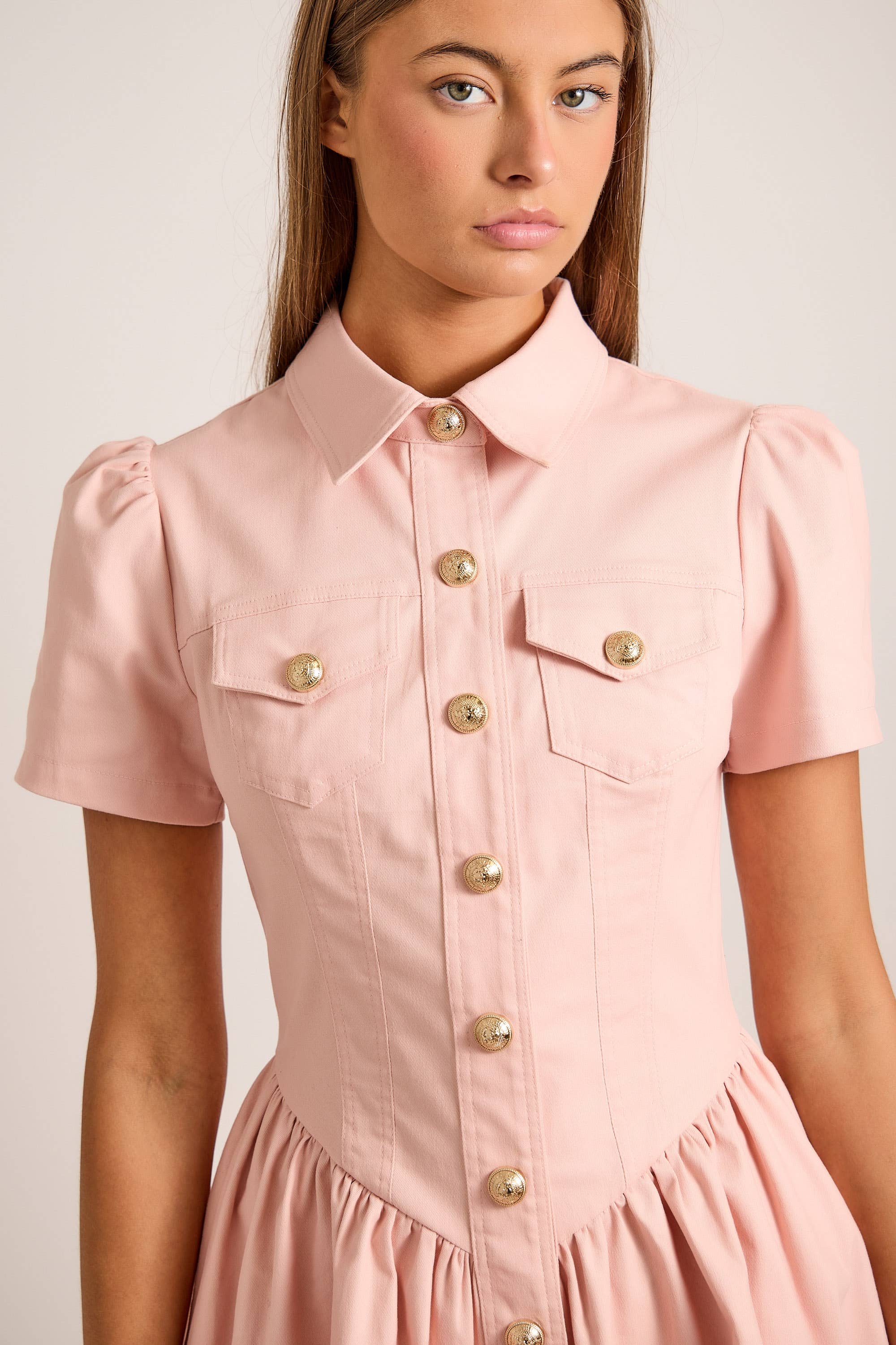 Button-Up Mini Denim Dress Featuring Gold Accent Buttons - Little Jill & Co.