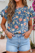 Ruffled Short Sleeve Floral Denim Top