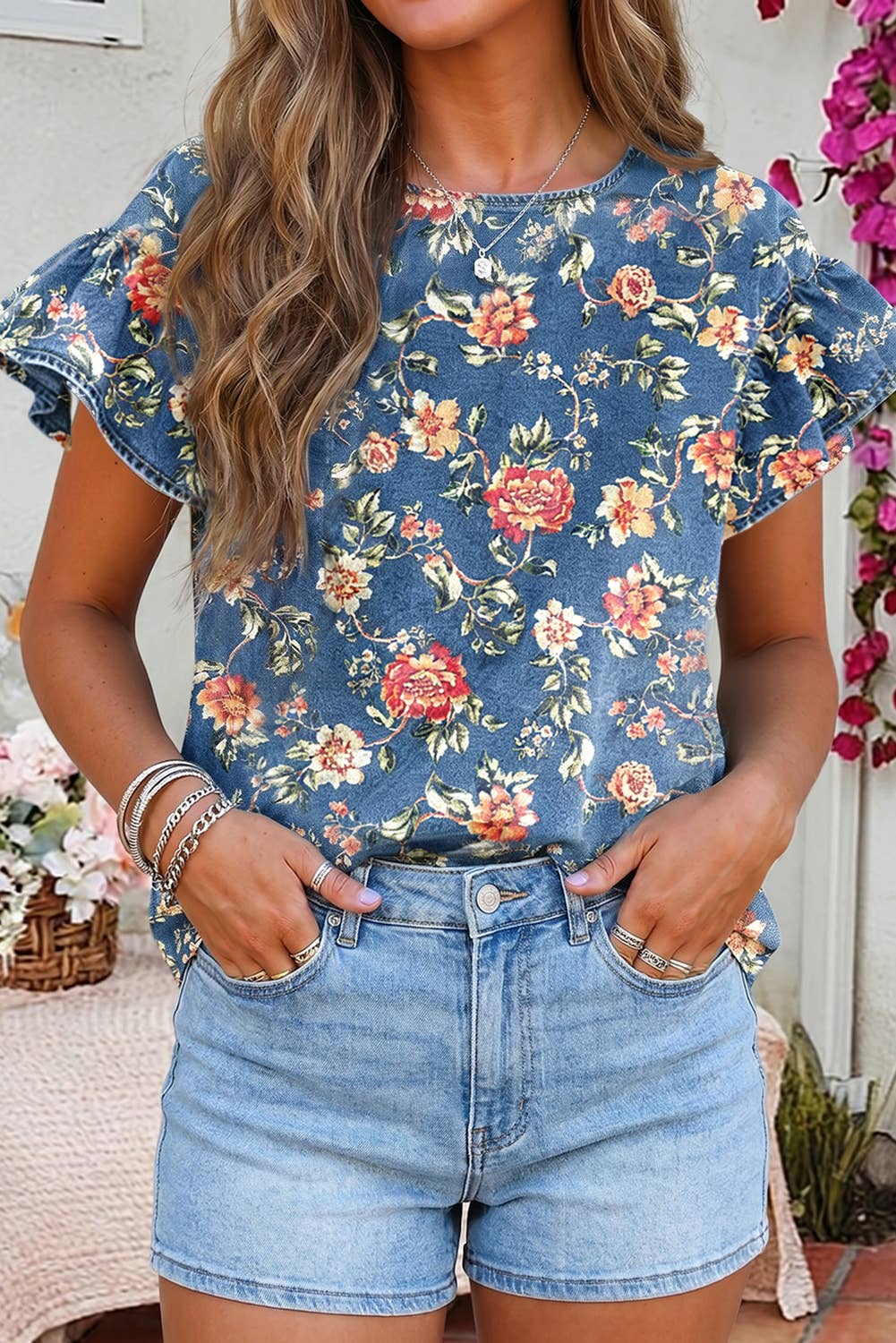 Ruffled Short Sleeve Floral Denim Top