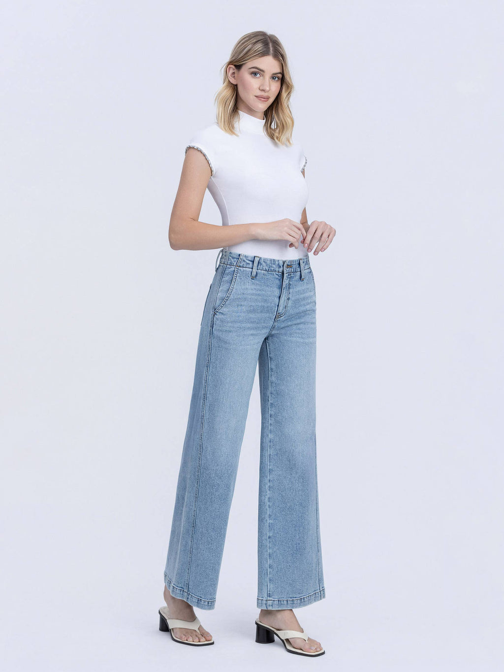 HIGH RISE TROUSER HEM TWIST WIDE LEG JEANS F9073