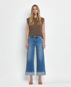 HIGH RISE MEDIUM WASH CUFFED WIDE JEANS F5890