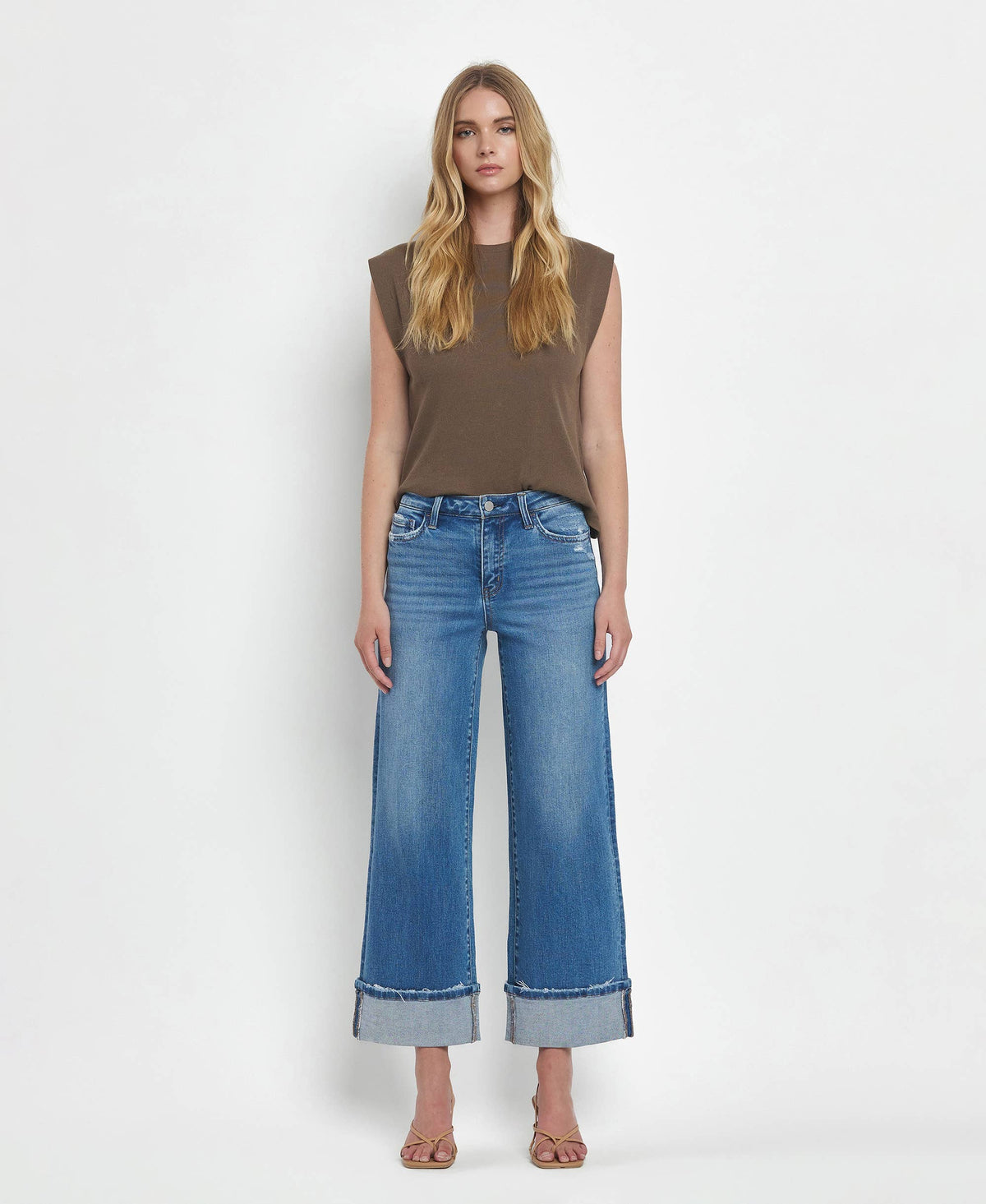 HIGH RISE MEDIUM WASH CUFFED WIDE JEANS F5890